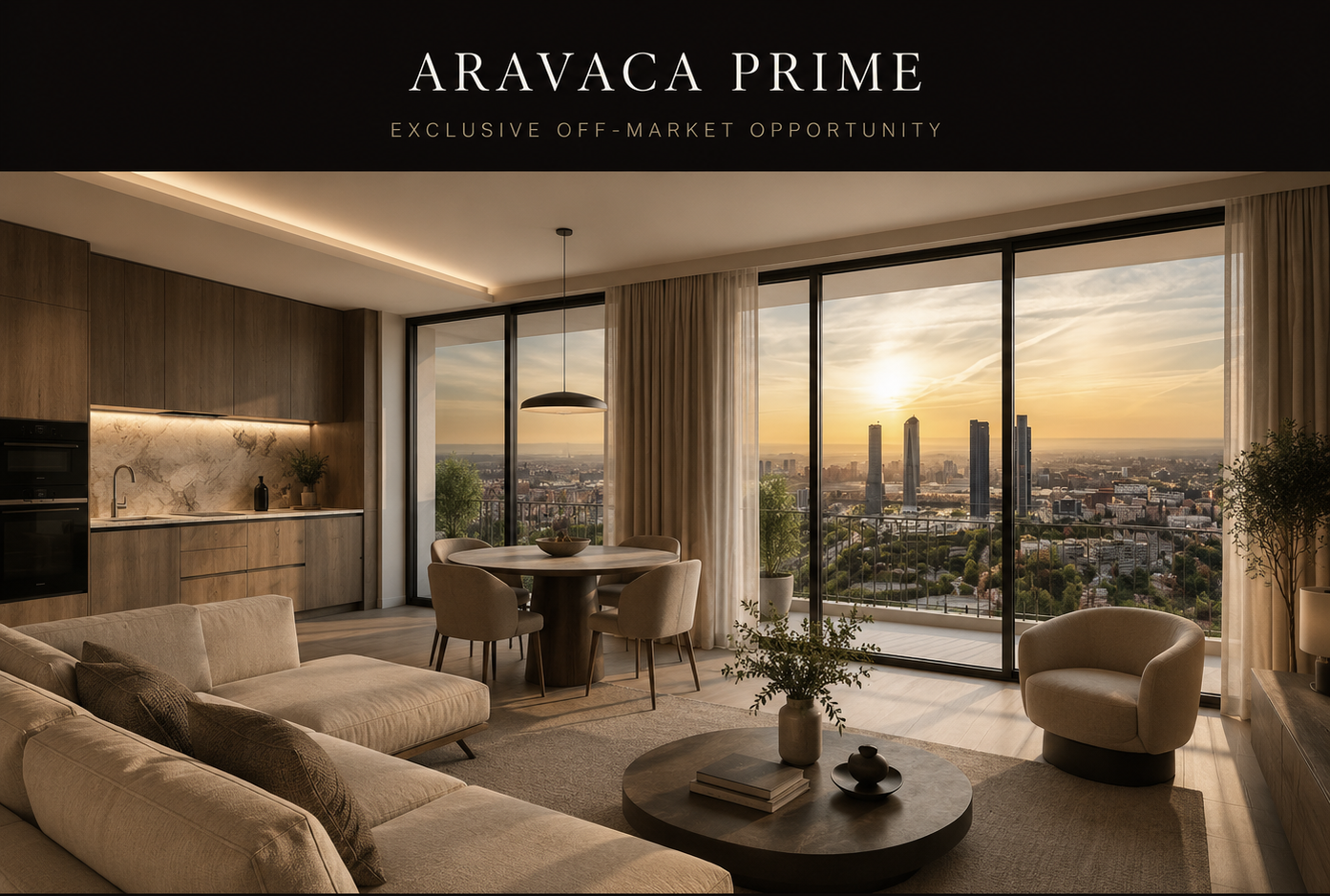 Aravaca Prime interior with Madrid skyline and branding